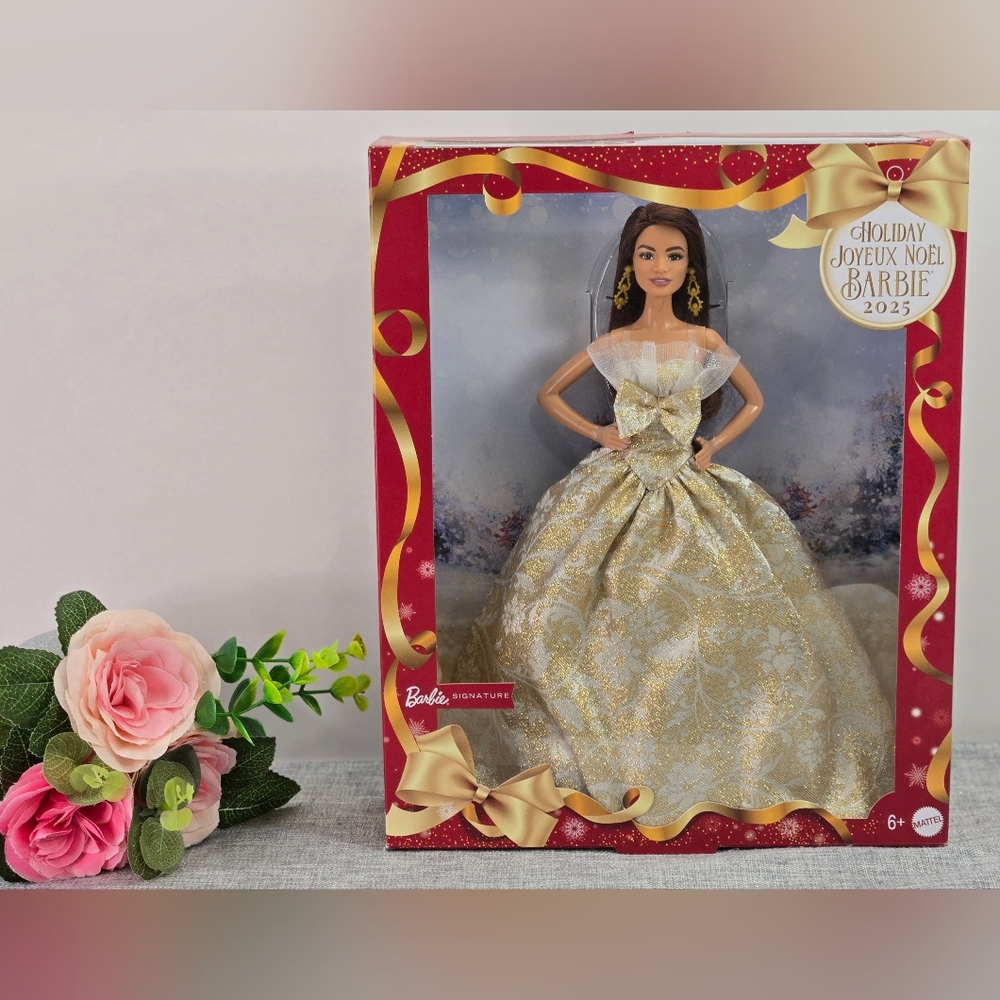 Mattel 2025 Holiday Fashion Doll: Brown Hair Barbie in Silver & Gold‎ Gown NIB